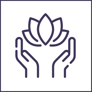 Hands holding a lotus flower icon.
