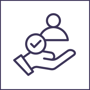 Hand holding person icon with checkmark.